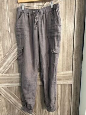 Nicole Miller Gray 100% Linen Cargo Jogger Pants